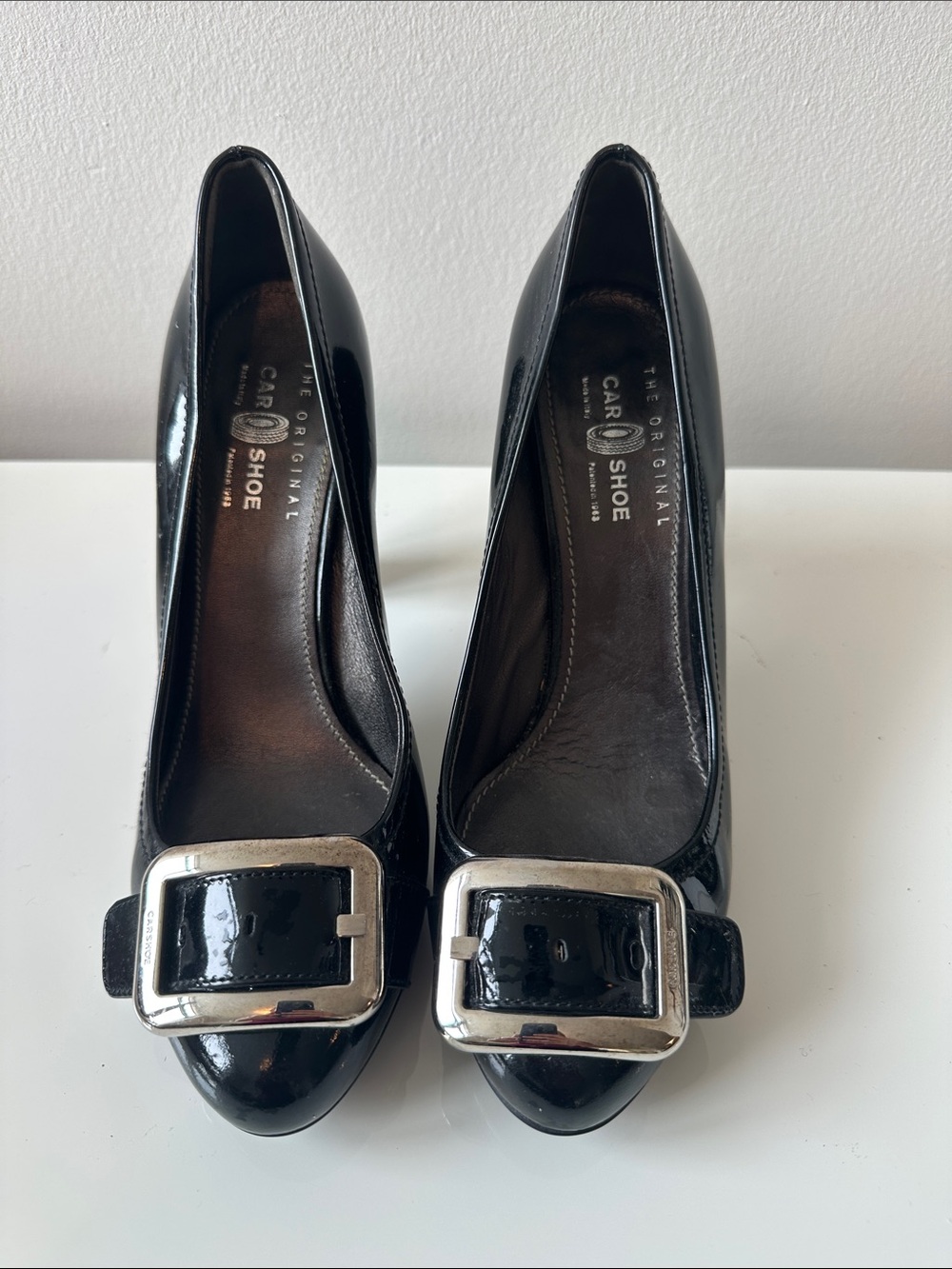 The Original Car Shoe Black Patent Leather Pumps with Silver Buckles